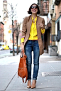 Yellow blouse, camel coat, jeans. Simple, vibrant, and just plain happy.
