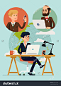 Vector modern flat design concept illustration on global connectivity and team working in business and industry with planet on background | Businessmen having video conference using mobile devices