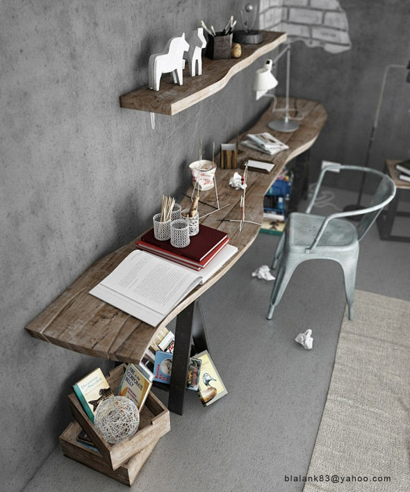 这种木桌和墙的搭配很好，这就是一个工作室...