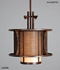 Hand-sculpted steel details and complementary diffuser materials quietly nod to an Asian aesthetic. Shown here, LA2302 Contemporary Pendant with Custom Weave, Medium Mesh in River Rust finish