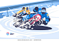 Winter motocross flat style poster. Men taking part in riding competition vector illustration. Extreme kinds of sport. Snow moto games and motorcycle racing concept