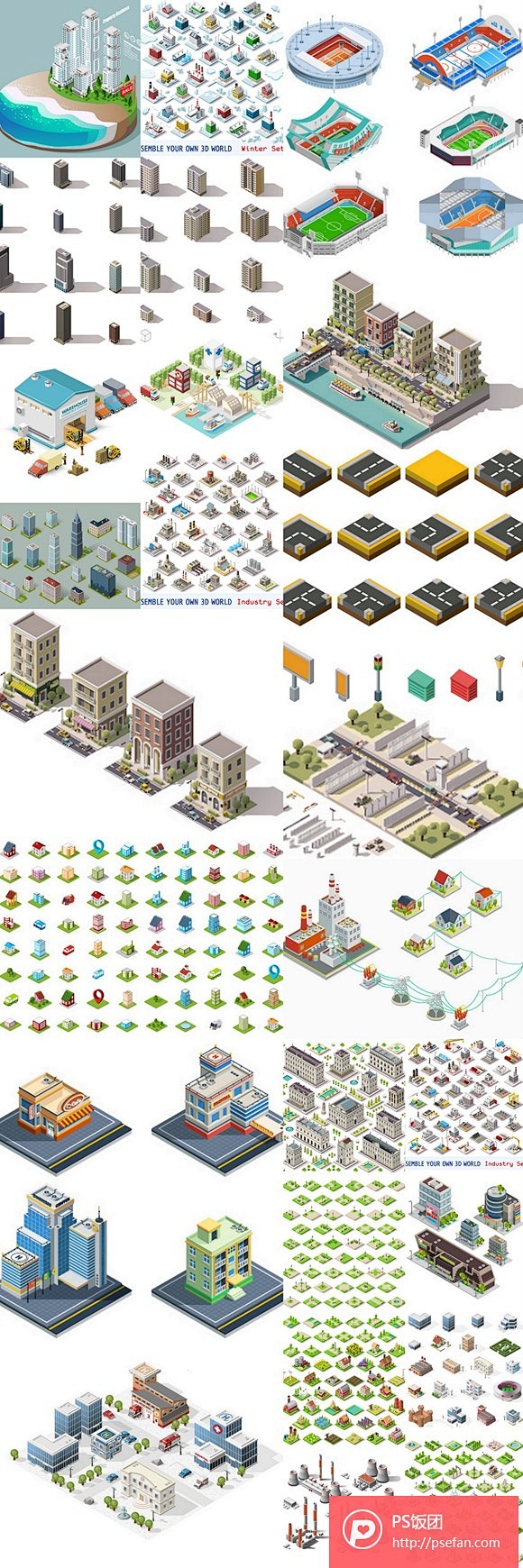 等距像素立体3D城市建筑矢量设计素材  ...