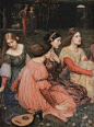 英国新古典主义与拉斐尔前派画家John William Waterhouse，擅长描绘神话的女性，在他笔下呈现的女性充满仙气，面孔俊俏，服饰飘逸。并且他很大胆地借鉴法国印象派的绘画技法到他的作品里。