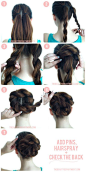 Start with pony tails, rope braid them, and then twist it all in. Hairspray it and add pins if necessary. Mariah:)