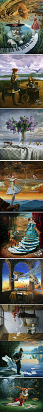 插画家园：天马行空的超现实，来自画家Michael Cheval作品，66年出生在俄罗斯，86年移居德国，97年移民美国，官方网站http://t.cn/zORXYIS