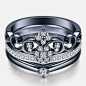 优雅的钻戒Crown Shape Black Gold-plated Sterling Silver Engagement Ring Set