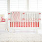 Aztec Baby in Coral Pink & Gold Baby Bedding Set : This baby bedding is made to order and ships in 2-3 weeks.
Our crisp white, coral and gold tribal baby bedding lends a southwest feel to your new baby's room.  Adorable crib sheet features a tribal pa