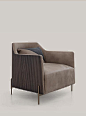 Shakedesign_Seatings_Hege armchair, wooden structure in T151 terra, seat and back upholstered with leather P39 camoscio col. 21, light bronze metal legs