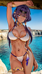 dark skin, big boobs, cleavage, purple hair, FoxyReine, anime, anime girls, heterochromia, bikini, Candace (Genshin Impact), Genshin Impact, artwork | 1100x1906 Wallpaper - wallhaven.cc