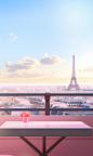A empty pink table with a view of the eiffel tower, in the style of rendered in cinema4d, soft focus, studyplace, nusch éluard, blurry details, windows vista, uhd image
