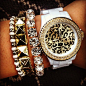 Kathy Van Zeeland, bracelets, leopard print watch, studs, diamonds