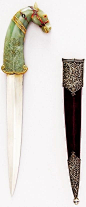 Indian dagger, 18th to 19th century, steel, gold, jade, ruby, emerald, topaz, silver, pearl, wood, velvet, H. with sheath 14 3/4 in. (37.5 cm); H. without sheath 13 7/16 in. (34.1 cm); H. of blade 8 1/2 in. (21.6 cm); W. 3 3/8 in. (8.6 cm); D. 13/16 in. (