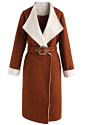 Chic Forever Contrast Longline Wool-Blend Coat in Caramel : - Wide lapel
- Concealed double-breasted stud button closure
- Folded cuffs
- Belt accompanied
- Inserted side pockets
- Lined 
- 95% polyester, 5% wool
- Dry clean

Size(cm)Length  Bust  Waist  