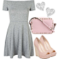 #dress #grey #Pumps #wedgeshoes #pink #bag #earrings #bestsets