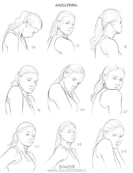 #绘画学习# 关于脖子和肩膀的不同转角设...