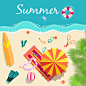 清新夏日沙滩插画矢量素材，素材格式：EPS，素材关键词：沙滩,夏季,救生圈,冲浪板,遮阳伞