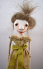 Art doll sculpted cloth and clay wood bead jointed limbs gold dress black eyes hand sewn ooak