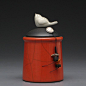 Ceramic jar with Bird, pottery jar ,Little Clay Bird on a red orange Jar, raku fired art pottery.: