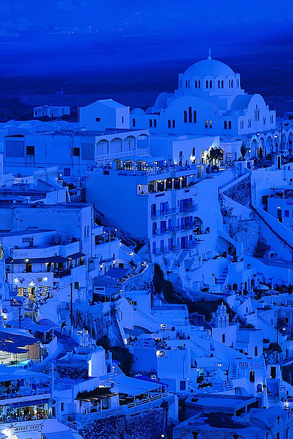 蓝色的黄昏，圣托里尼岛，希腊 
