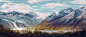 General 2500x1080 digital art mountains forest clouds river sky artwork