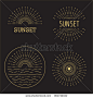 Set of Vector sunset hipster minimal outline logo,sunlight stamp, natural sign, sun emblem, wave, ocean, sunshine eco icon