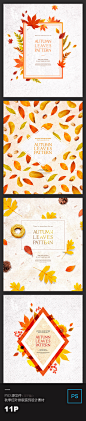 秋天秋季树叶枫叶红叶手绘插画风格标签名片卡片证书PSD设计素材