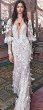 galia lahav spring 2018 bridal long bishop sleeves deep plunging v neck full embellishment elegant fit and flare wedding dress keyhole back sweep train (lia) mv