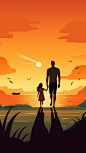 Father's Day poster, A strong father holding the hand of a lovely child, sparkling big eyes, by the sea, perspective, warm colors, bright background, flat illustrations Father, 8k