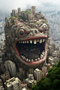 AAA level,teeth in the shape of detailed screaming faces, a giant frog with a creepy smile, overhead view, Akira city in background, in the style of Michael Sowa, Beeple, Geof Darrow, Jeff Koons, David Hockney, Yue Minjun and HR Giger, intricately and epi