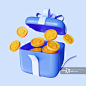 3D渲染打开礼盒，有硬币奖励，赚取积分和忠诚度计划，蓝色背景孤立图片素材