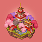 Japanese garden set for "Treasure Hunter" game : - Decor island (map environment item)- Japanese Fan icon (treasure prize oblect)- Garden environment (game background)