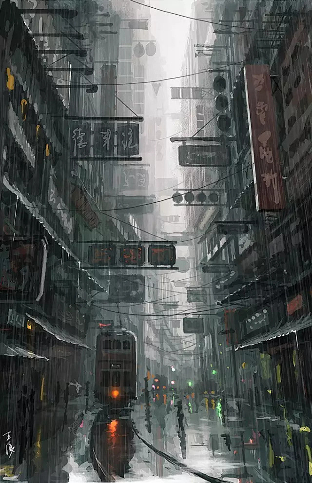 一幅表现香港街景的数字绘画