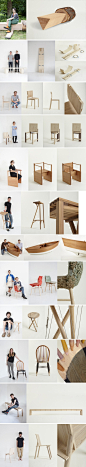 伦敦皇家艺术学院（RCA）家具专业学生的作品，在伦敦设计节上以"Out of the Woods: Adventure of 12 hardwood chairs"为题展出中，这是学院和美国阔叶木协会合作的项目，学生被要求使用北美硬木设计一款实用的坐具。
