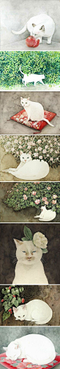 #美好插画#日本插画师山田绿（Midori Yamada）笔下的喵星人，都是姿态优雅，气定神闲，在色泽纯净的场景中，展现了猫很少出现在人们视线中的状态。与普通的生活场景构成画面的喵星人，比任何时候都能让人相信，优美的，的确隐含在生活之中。http://t.cn/zQAyyVB