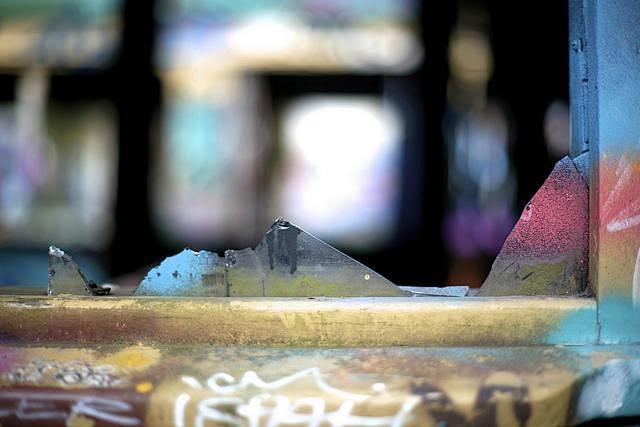 broken tram window| ...