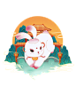 手绘元素中秋节国风兔子玉兔建筑山水风景