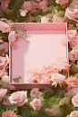 a pink box surrounded by fresh roses and green leaves, in the style of nature-inspired imagery, simplicity, monochromatic color palettes, 32k uhd, lively tableaus, pastel hues, kitsch aesthetic, delicacy of touch