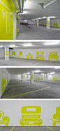 Das museale Parkhaus - The museum parking garage : Not a 0815 way finding system: For a parking garage we created a specially signal - system. The parking place is not only marked with a number - the wall is painted with an important car from the history.