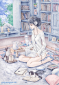 May (2009) © Seong-Min (Artist) via ArtZero, WonderPic Art Gallery, page 2. Manga, Girl, Bookshelves, Books, Cats, Music, CD Player. Cute :-)