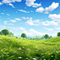 The green grass of the meadow against a blue sky, in the style of whimsical anime, 32k uhd, flower and nature motifs, realistic and hyper - detailed renderings, pastoral charm, soft and dreamy atmosphere