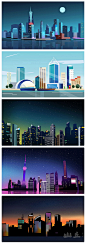手绘城市建筑高楼夜景星空人物场景插画素材PSD平面设计 H1034