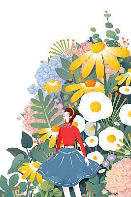 扁平风插画女人与花