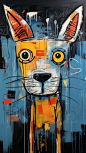 Artist Michel Basquiat style, blue canvas background, modern abstract art, stick figure dog animal, symbolic gesture of angry emotion, abstract art paint, pop art, 8k ultra hd