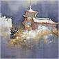 "Kiyomizu in Snow," by Thomas W. Schaller  Watercolor ~ 16 inches x 16 inches: 
