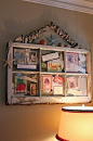 Pictures & Mementos...affixed to the glass of an old salvaged window. So shabby chic!