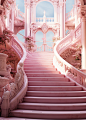 a 3d illustration of a staircase in an old palace, in the style of light pink and light crimson, tropical landscapes, rococo-inspired, light red, contemporary candy-coated, bold yet graceful, romanticized views