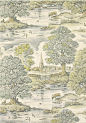 Royal Oak Linen Toile Curtain Fabric Large design cream linen curtain fabric depicting Spring tableau in pale greens and steel blue.