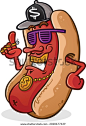 A cool urban hip hop rapper hot dog cartoon with a grill, flat brimmed cap and stunner shades with a gold medallion