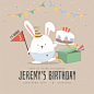 可爱卡通手绘小兔子生日蛋糕三角彩旗宝宝生日宴卡片海报设计素材-淘宝网