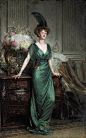 欧内斯特·吉尼斯（Ernest Guinness）女士穿着鲜绿色的连衣裙和羽毛。 弗兰克·伯纳德·迪克塞爵士
